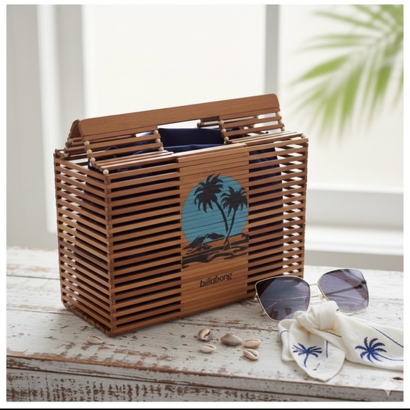 Billabong Handbags - Billabong Bamboo Slatted Wood Tote Beach Bag Boho Chic Tropical Palm Print